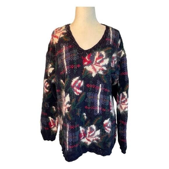 Vintage Paris Sport Club Floral Plaid Print Sweater Blue Knit V-Neck Long Sleeve - Picture 1 of 8